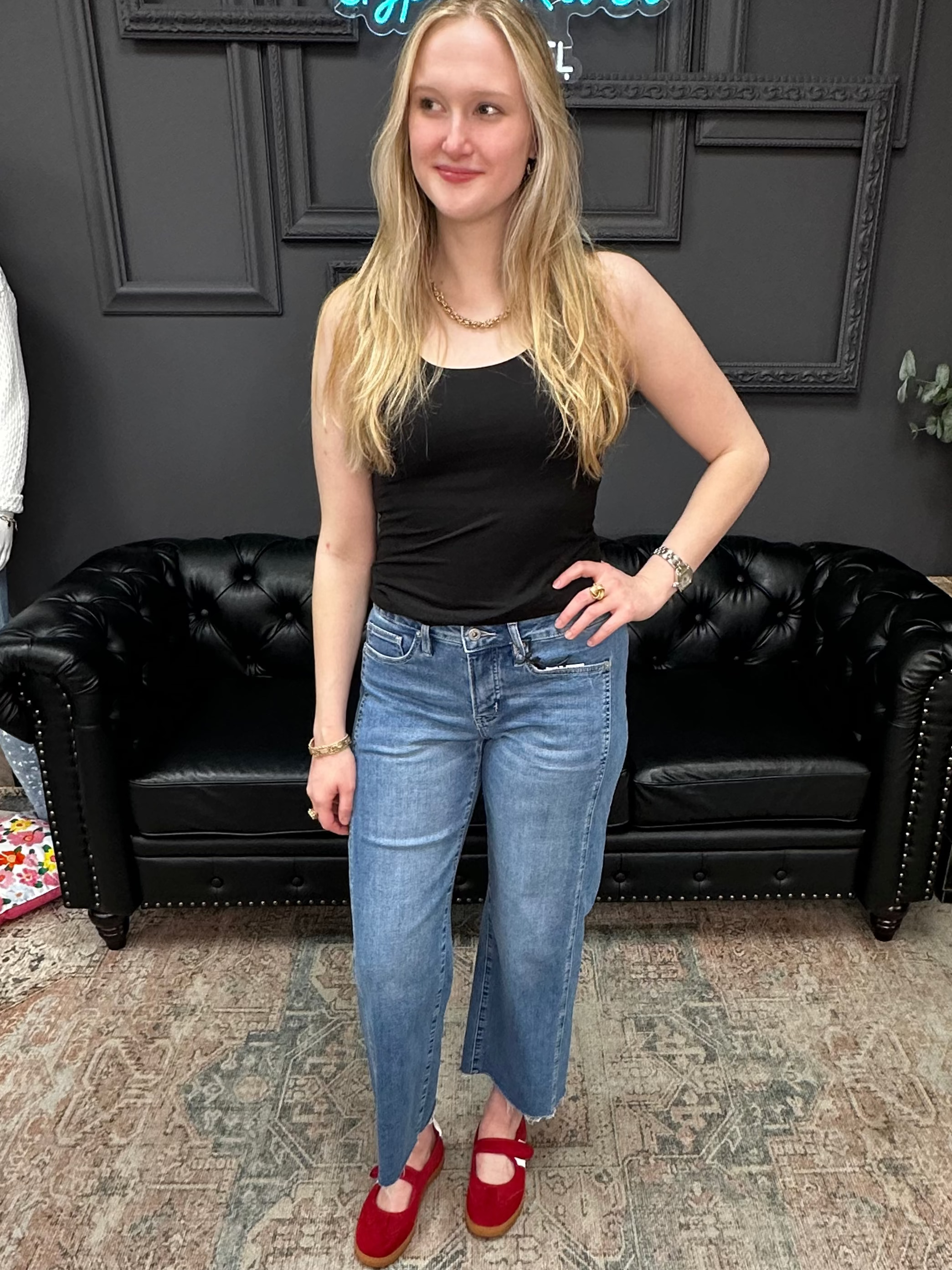 Mid rise tummy tuck cropped straight jeans with raw hem and vertical seam detail for women