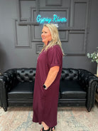midi dress with pockets, band collar V-neck dress, short sleeve knit dress, casual midi dress, plus size midi dress, everyday knit dress