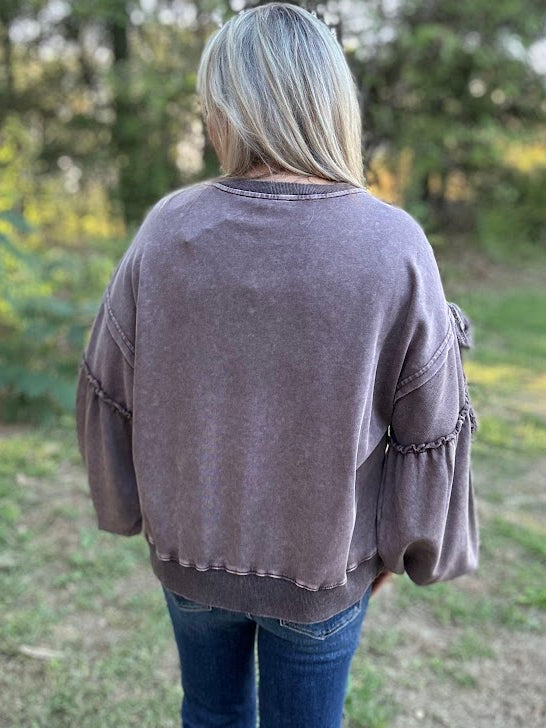 Mineral Washed Bow Appliqué Balloon Sleeve Sweatshirt