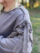 Mineral Washed Bow Appliqué Balloon Sleeve Sweatshirt