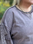 Mineral Washed Bow Appliqué Balloon Sleeve Sweatshirt