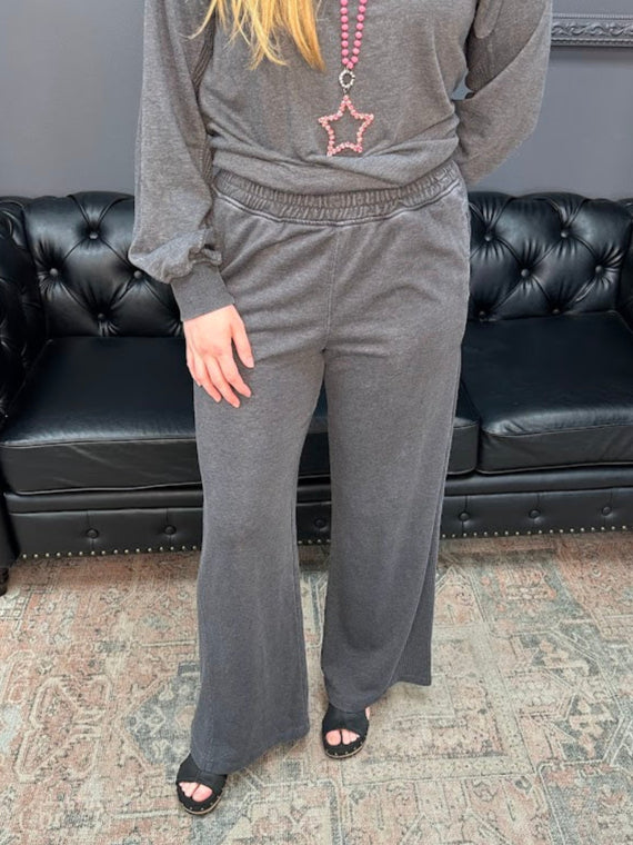 mineral washed pants, terry wide leg pants, casual lounge pants, comfy wide leg trousers, relaxed fit pants, soft terry knit bottoms, mineral wash lounge pants, boutique wide leg pants, women’s comfy pants, vintage wash pants, everyday casual style, cozy fall pants, relaxed wide leg fit, Gypsy River Apparel, Northport boutique clothing