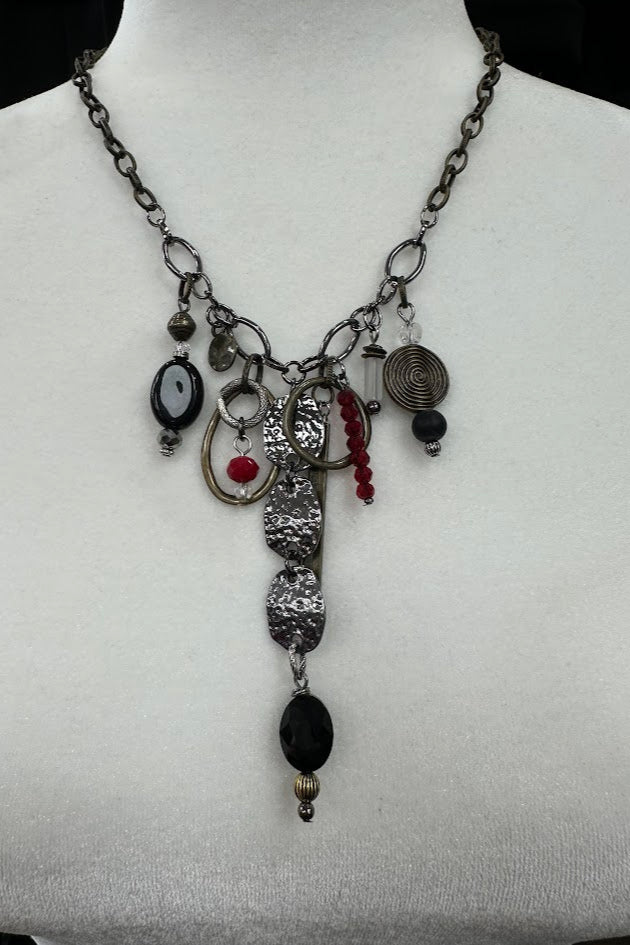 statement necklace, mixed charm necklace, hammered disc necklace, black and red necklace, long pendant necklace, boutique jewelry, Gypsy River necklace