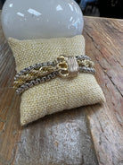 mixed metal necklace, pavé pendant necklace, adjustable pull chain necklace, long statement necklace, silver and gold necklace, anti tarnish jewelry