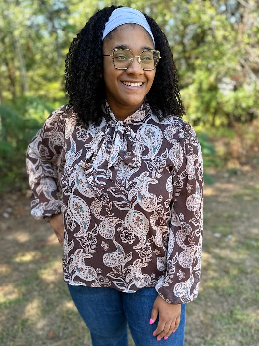 Mocha Paisley Bow Neck Blouse