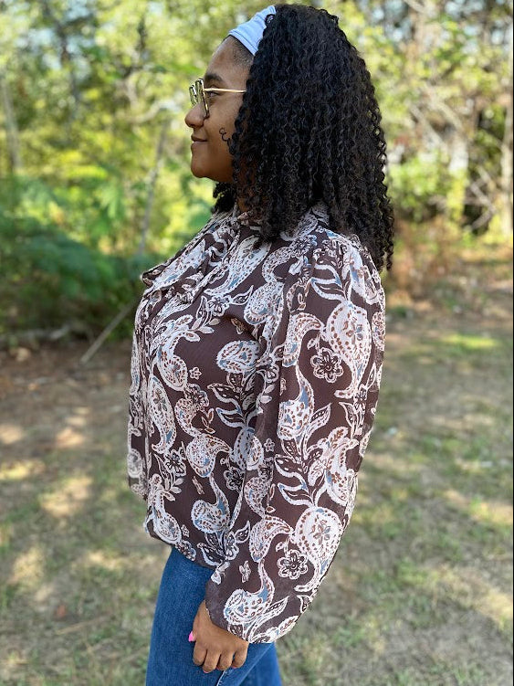 Mocha Paisley Bow Neck Blouse