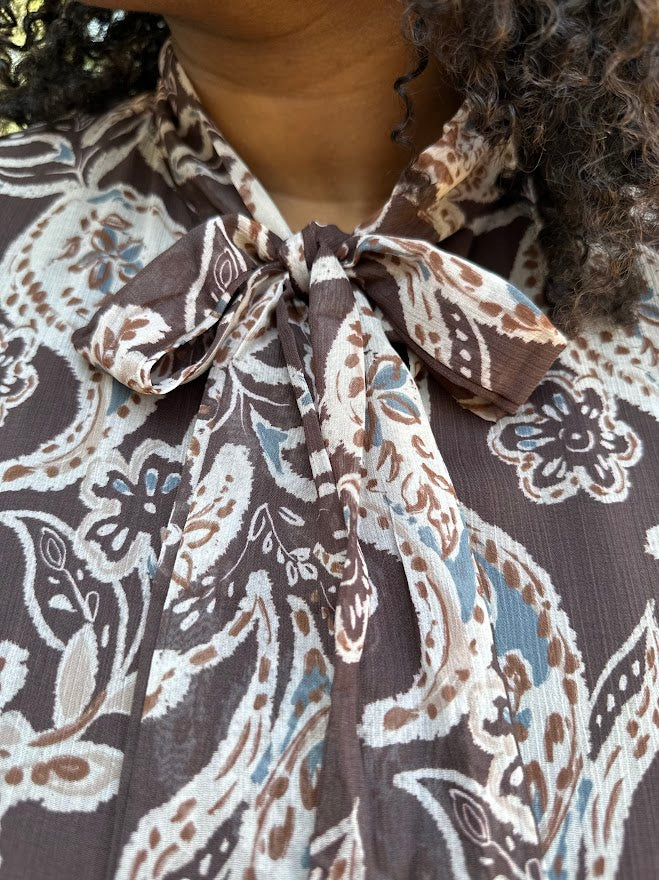 Mocha Paisley Bow Neck Blouse