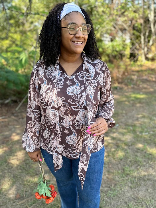 Mocha Paisley Bow Neck Blouse