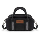 Black handbag with braided straps and Wrangler logo on a white background