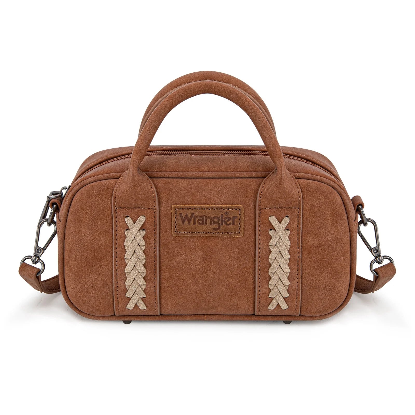 Brown handbag with 'Wrangler' logo on a white background