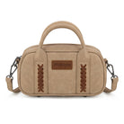 Beige handbag with brown accents and 'Wrangler' logo on a white background