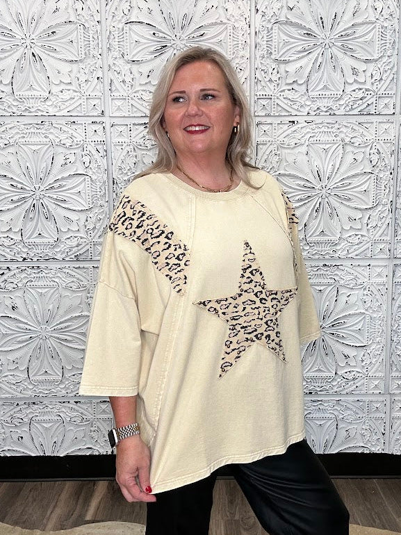 Natural Leopard Star Patch Terry Top