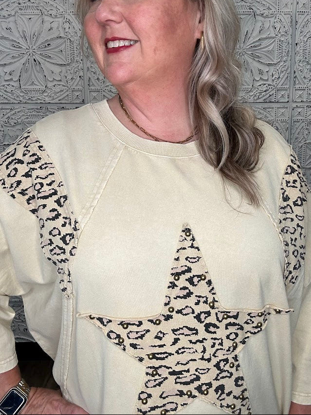 Natural Leopard Star Patch Terry Top