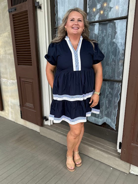 navy babydoll dress, puff sleeve dress, stripe trim dress, cotton summer dress, tiered dress with pockets, boutique navy dress