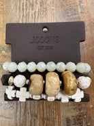 beaded bracelet stack, neutral bracelets, cross bracelet, layered bracelet set, J Coons jewelry, ivory bracelet, goldtone bracelet, women’s boutique jewelry, gift for her