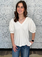 off white cotton top, mineral wash blouse, puff sleeve v neck top, boutique neutral blouse, short sleeve cotton blend top, casual dressy women’s top