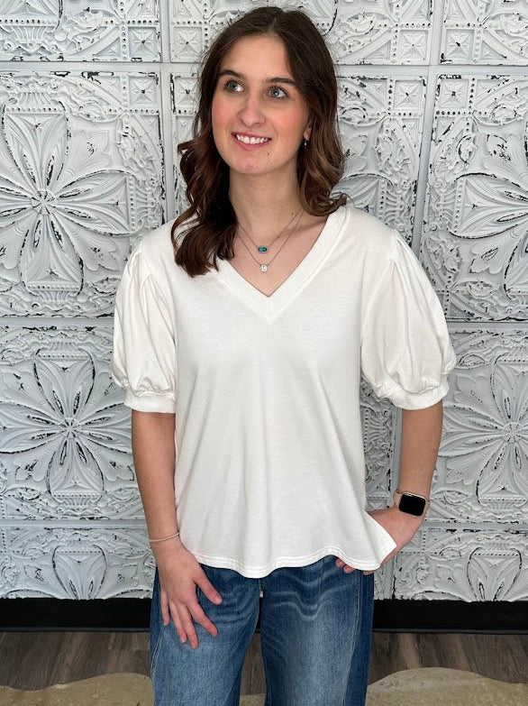 off white cotton top, mineral wash blouse, puff sleeve v neck top, boutique neutral blouse, short sleeve cotton blend top, casual dressy women’s top