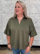 Olive Collared V-Neck Knit Top