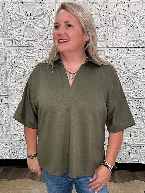 Olive Collared V-Neck Knit Top