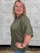 Olive Collared V-Neck Knit Top