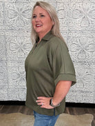 Olive Collared V-Neck Knit Top