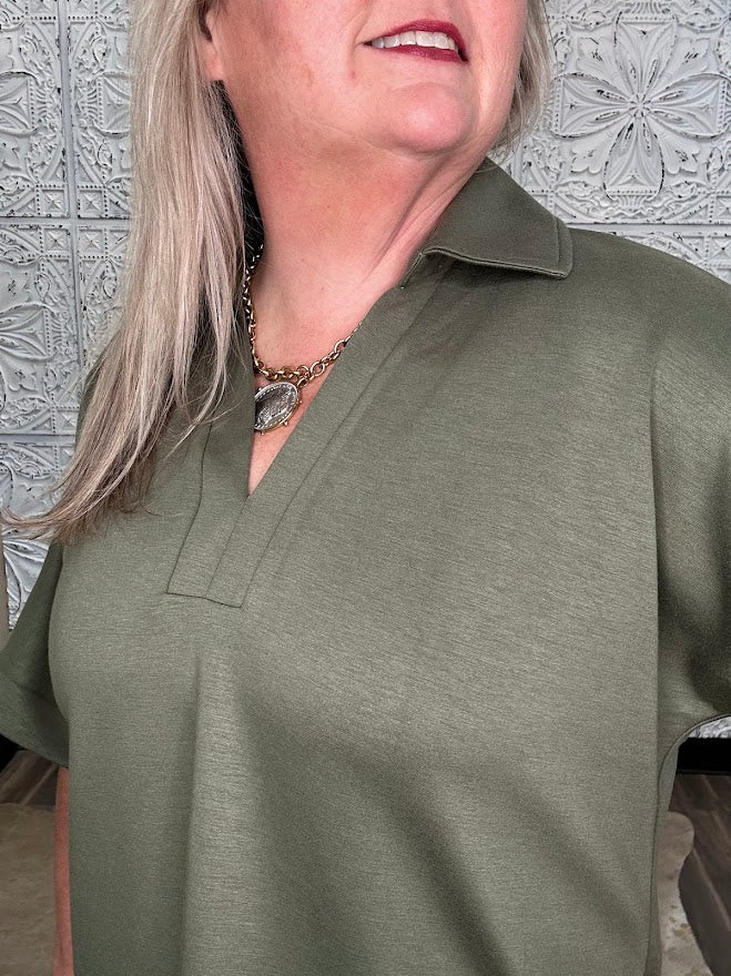Olive Collared V-Neck Knit Top