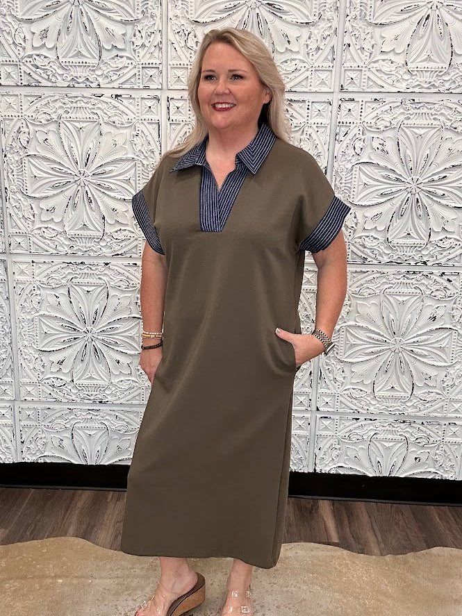 Olive Contrast Collar Knit Midi Dress