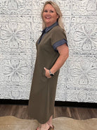 Olive Contrast Collar Knit Midi Dress