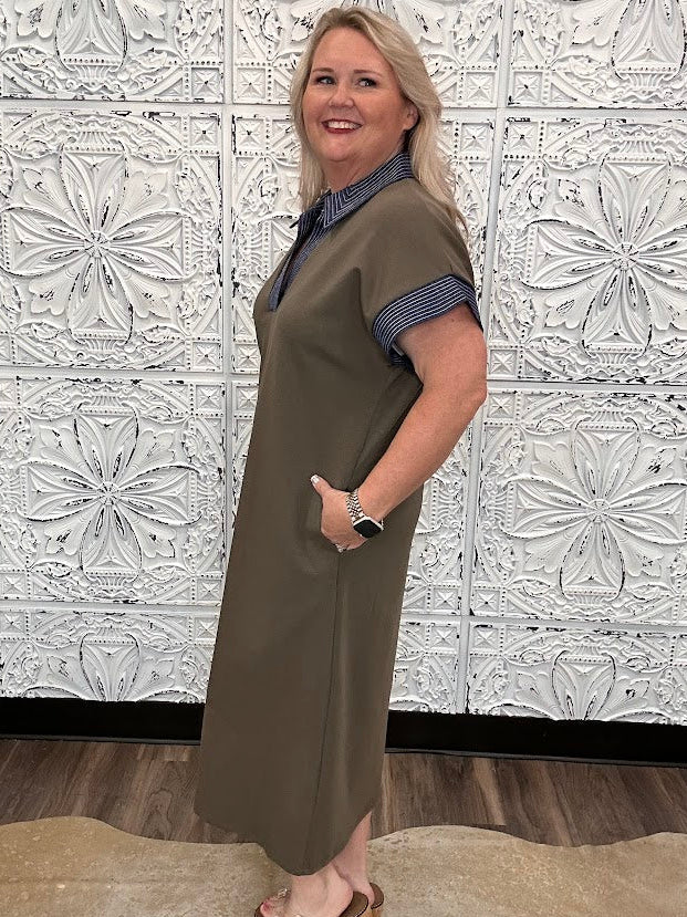 Olive Contrast Collar Knit Midi Dress