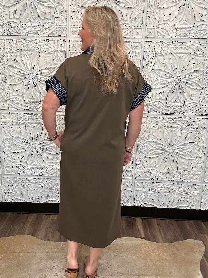 Olive Contrast Collar Knit Midi Dress