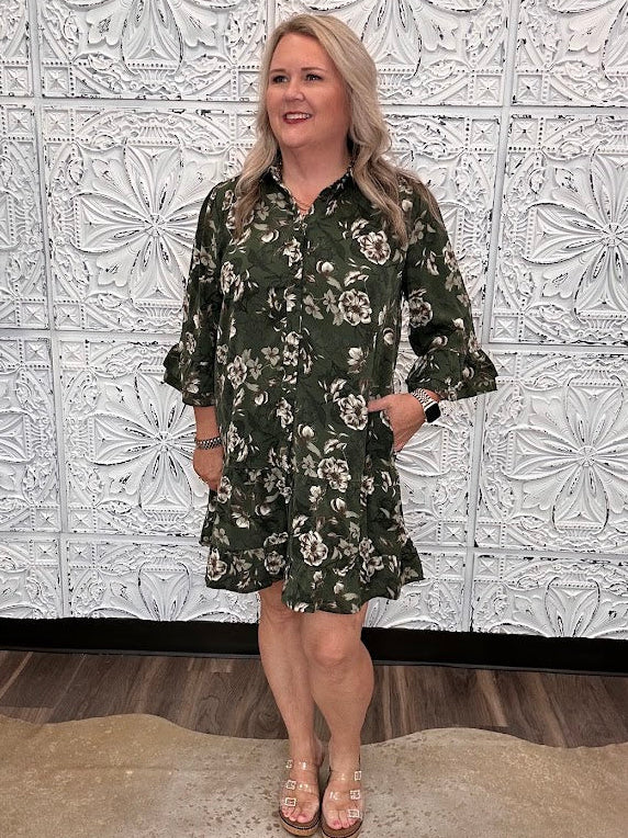 Olive Floral Button Front Tiered Dress