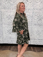 Olive Floral Button Front Tiered Dress