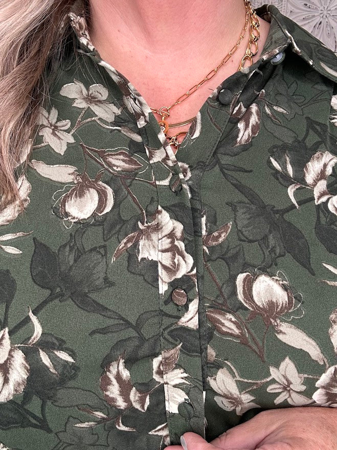 Olive Floral Button Front Tiered Dress
