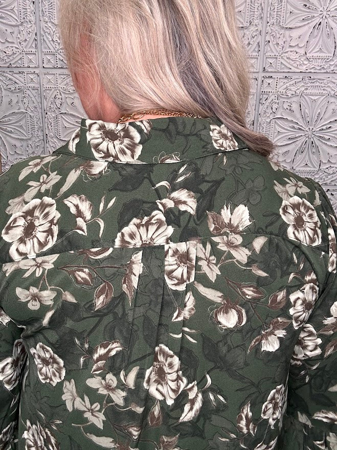 Olive Floral Button Front Tiered Dress