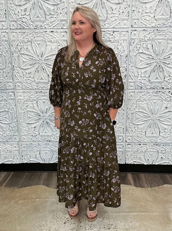 Olive Floral Smocked Waist Midi Dress