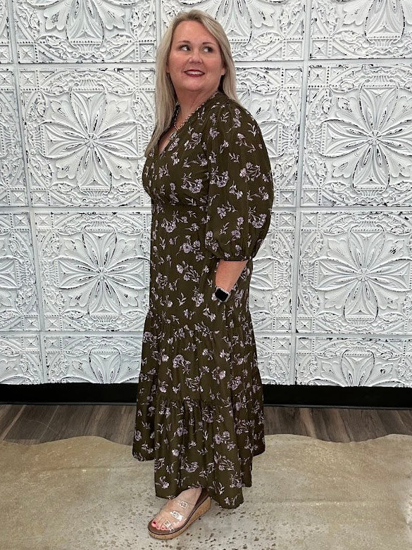 Olive Floral Smocked Waist Midi Dress