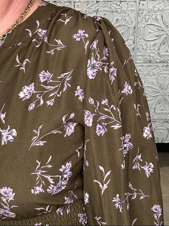 Olive Floral Smocked Waist Midi Dress