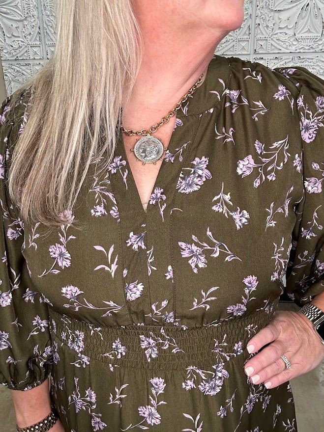 Olive Floral Smocked Waist Midi Dress