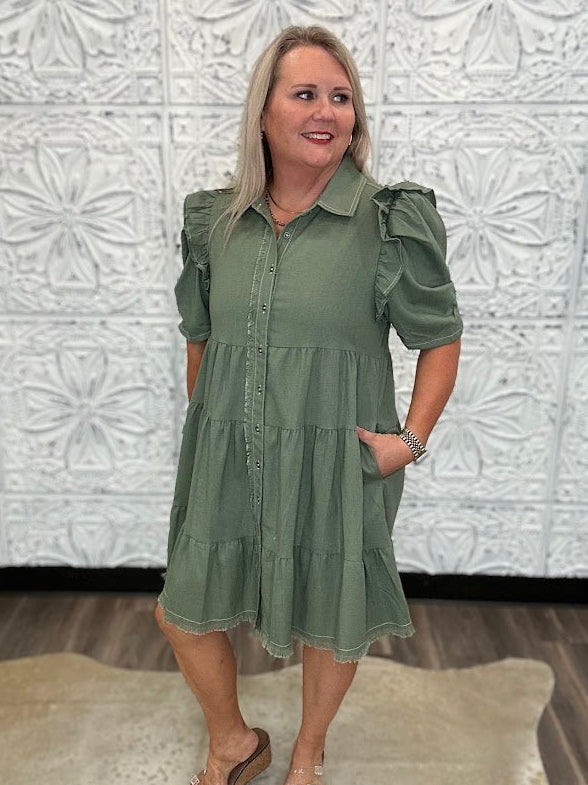 Olive Linen Ruffle Sleeve Shirt Dress