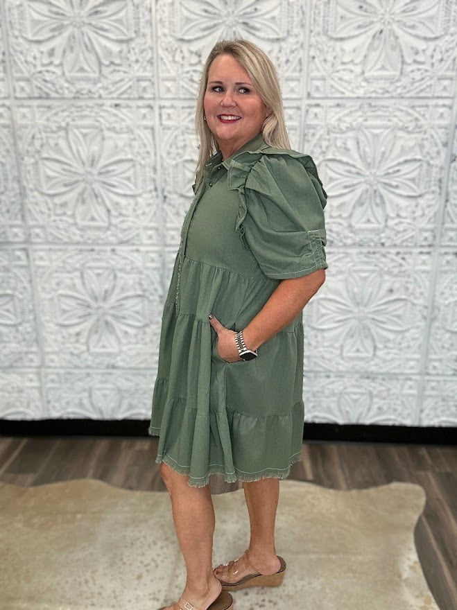 Olive Linen Ruffle Sleeve Shirt Dress
