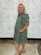 Olive Linen Ruffle Sleeve Shirt Dress