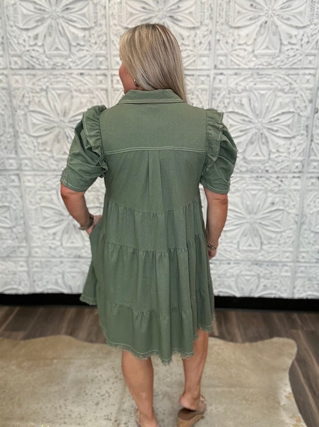 Olive Linen Ruffle Sleeve Shirt Dress