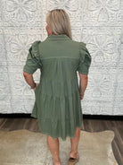 Olive Linen Ruffle Sleeve Shirt Dress
