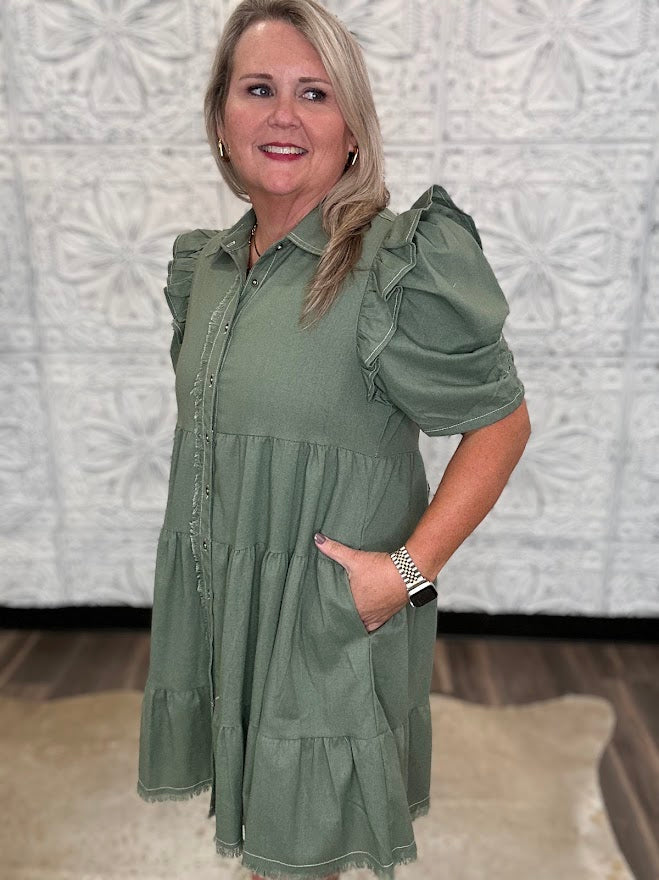 Olive Linen Ruffle Sleeve Shirt Dress