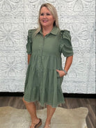 Olive Linen Ruffle Sleeve Tiered Shirt Dress