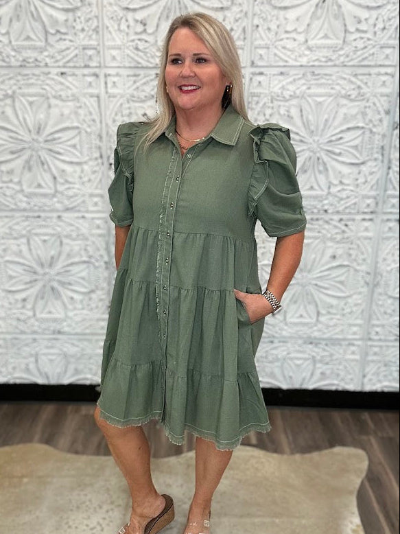 Olive Linen Ruffle Sleeve Tiered Shirt Dress