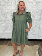 Olive Linen Ruffle Sleeve Tiered Shirt Dress
