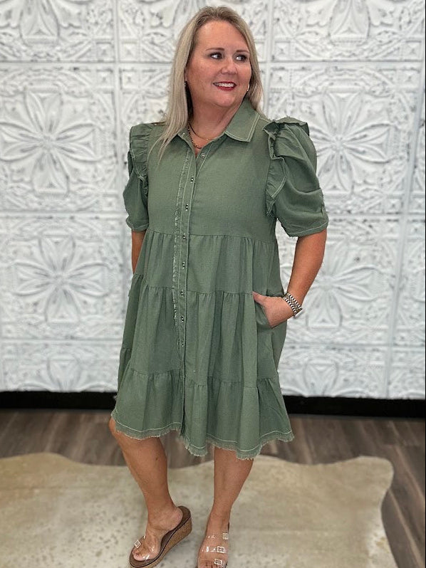 Olive Linen Ruffle Sleeve Tiered Shirt Dress