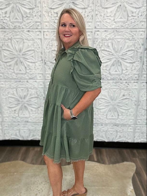 Olive Linen Ruffle Sleeve Tiered Shirt Dress