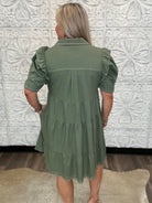 Olive Linen Ruffle Sleeve Tiered Shirt Dress